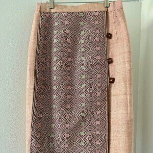 Vintage Thai Linen wrap custom skirt w/ embroidered+ coconut shell buttons lined